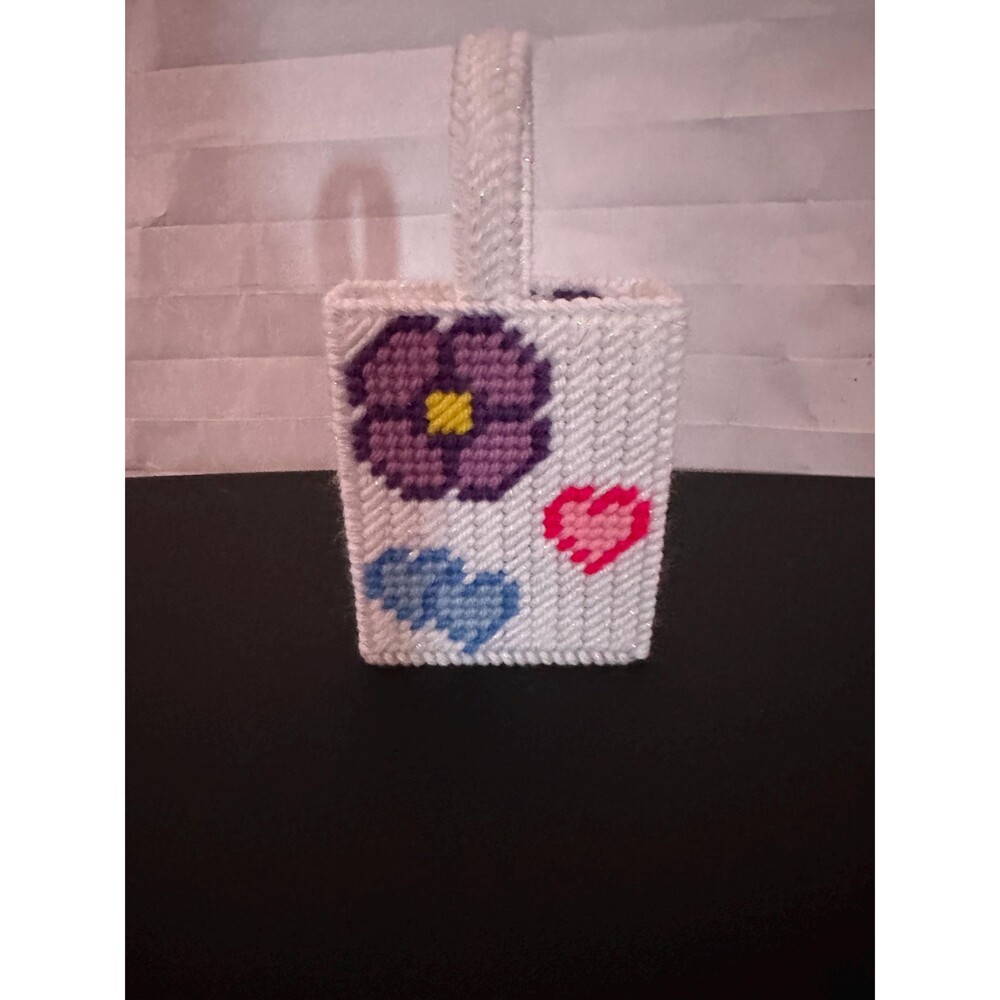 Tiny Flower Tote Bag  White Plastic Canvas Handmade Floral Gift for Her